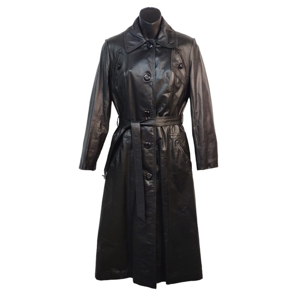 Women's Black Genuine Leather Long Coat Size 11-12